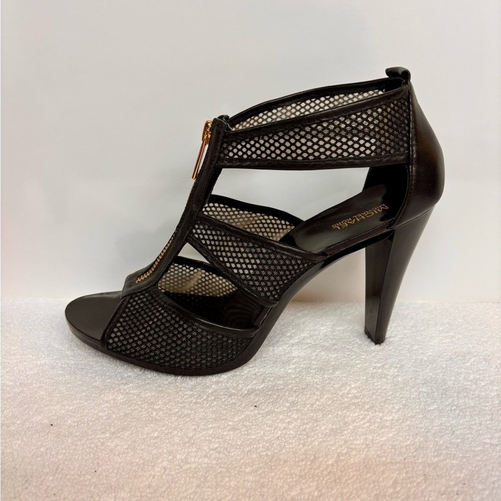 MICHAEL KORS Black Mesh & Leather Zip Front Cage Heels